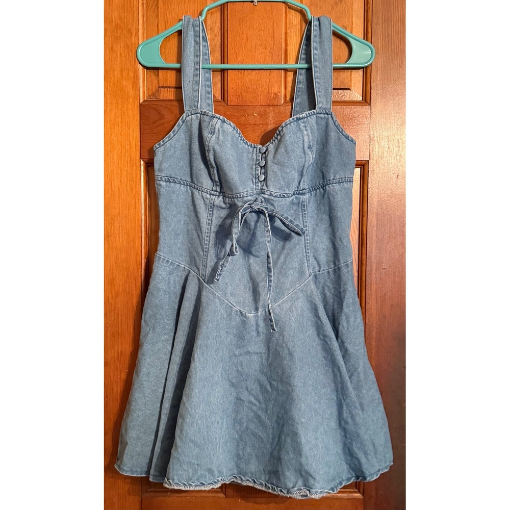 SHEIN Light Wash Denim Skater Mini Dress Sweetheart Tie Front Blue Size 6 M